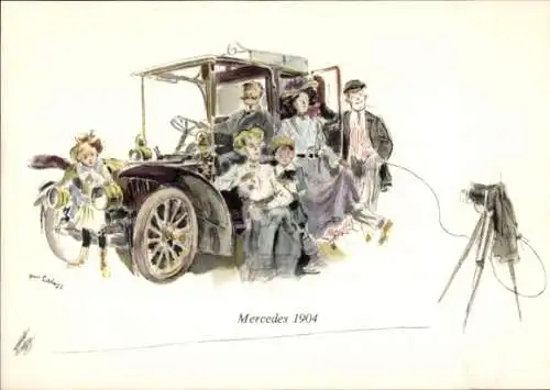 Künstler Ak Mercedes 1904, Automobil, Fotoapparat, Familie