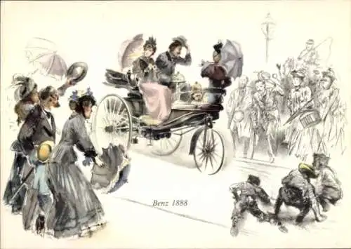 Künstler Ak Karl Benz und Frau in einem Automobil, Mercedes Benz 1888