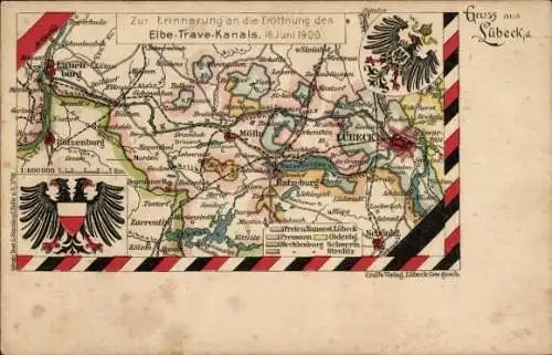 Landkarten Wappen Ak Hansestadt Lübeck, Eröffnung des Elbe-Trave-Kanals 1900