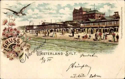 Litho Westerland auf Sylt, Strandpartie mit Badegästen