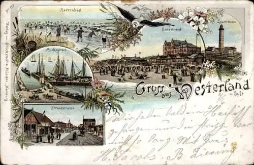 Litho Westerland auf Sylt, Herrenbad, Strand, Leuchtturm, Strandstraße