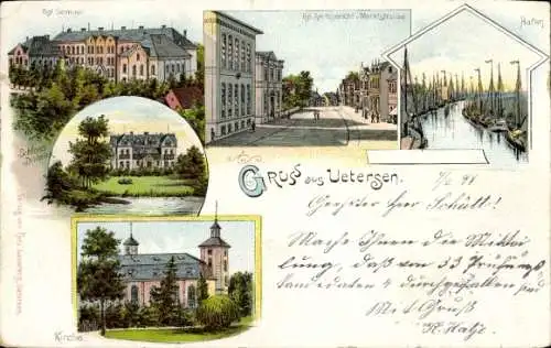 Litho Uetersen Schleswig Holstein, Königliches Seminar, Schloss Düneick, Kirche, Amtsgericht, Hafen