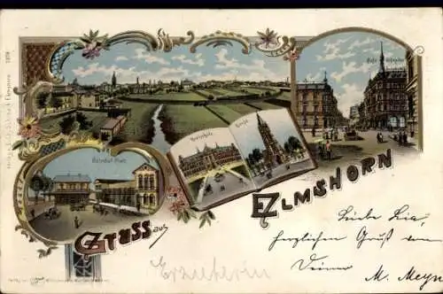 Litho Elmshorn in Holstein, Bahnhof-Platz, Realschule, Kirche, Café