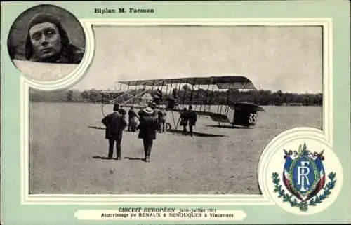 Ak Aviation, European Circuit, Landung von Renaux und Senouques in Vincennes, Doppeldecker M. Farman