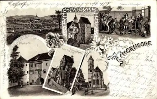 Litho Schorndorf in Württemberg, Festungsturm, Kirche, Schlossportal, Weiber von Schorndorf