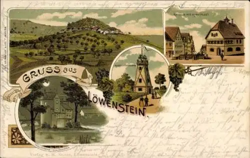 Litho Löwenstein Württemberg, Panorama, Rathaus, Marktplatz, Aussichtsturm, Theuserbad-Schlösschen