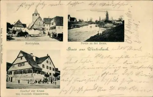 Ak Winterbach im Remstal Württemberg, Marktplatz, Rems, Gasthof zur Krone