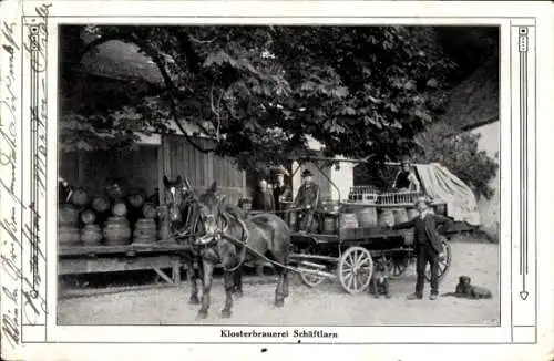 Ak Schäftlarn Oberbayern, Klosterbrauerei, Fuhrwerk, Bierfässer