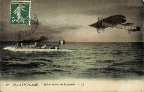 Ak Französisches Kriegsschiff, Militärflugzeug