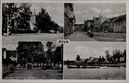 Ak Orzysz Arys Ostpreußen, Markt, Kirche, Kurhaus Budda, Aryssee