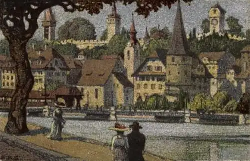 Künstler Ak Schlatter, Ernst E., Luzern Stadt Schweiz, Musegg vom Bahnhof aus