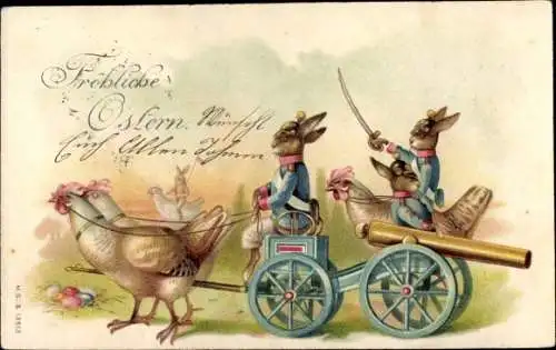 Präge Litho Glückwunsch Ostern, Vermenschlichte Hasen in Uniformen mit Geschütz, Hühner