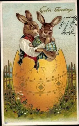 Präge Litho Glückwunsch Ostern, Vermenschlichte Hasen in einem Osterei