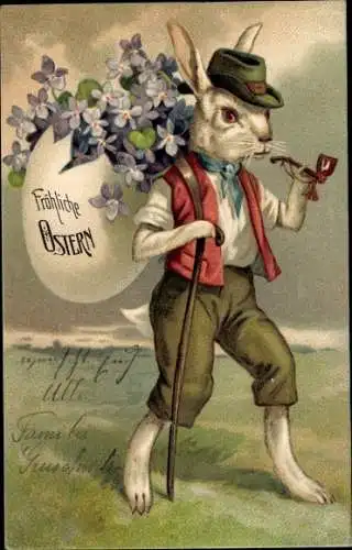 Präge Ak Glückwunsch Ostern, Vermenschlichter Hase mit Pfeife, Ei als Rückentrage mit Veilchen