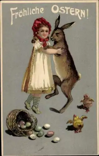 Präge Ak Glückwunsch Ostern, Mädchen tanzt mit Hase, Küken, Ostereier
