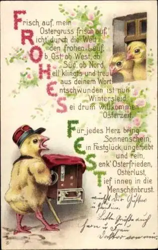 Präge Ak Glückwunsch Ostern, Vermenschlichte Küken, Frisch auf, mein Ostergruß