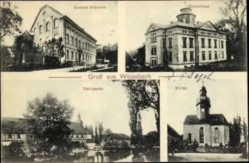 Ak Weißbach Schmölln in Thüringen, Gasthof Friedrich, Herrenhaus, Teich, Kirche