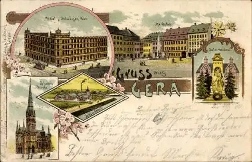 Litho Gera in Thüringen, Hotel zum schwarzen Bär, Marktplatz, Kirche, Schlachthof, Denkmal