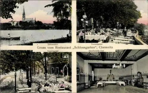 Ak Chemnitz in Sachsen, Restaurant Schlossgarten, Schlossteich, Konzertgarten, Gesellschaftssaal