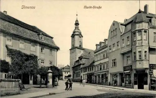 Ak Ilmenau in Thüringen, Marktstraße, Geschäftshäuser, Kirchturm, Passanten
