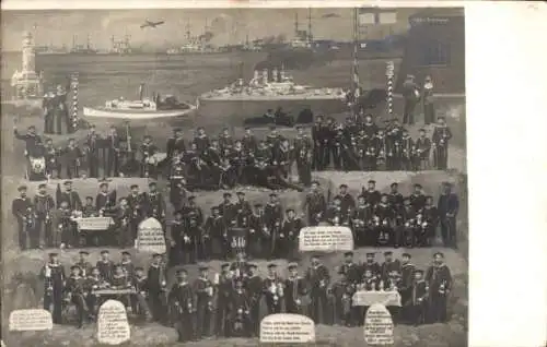 Foto Ak Deutsche Seeleute in Uniform, Kaiserliche Marine, Gruppenbilder, Kriegsschiffe, Fotomontage