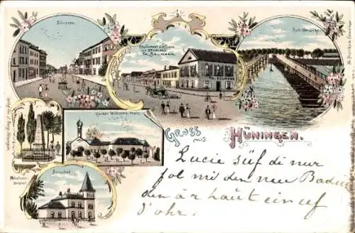 Litho Huningue Hüningen Elsass Haut Rhin, Restaurant zum Storchen v. T. Baumann, Bahhof, Platz