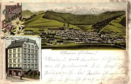 Litho Einsiedeln Kanton Schwyz Schweiz, Panorama, Kloster Einsiedeln, Hotel de l'Elephant
