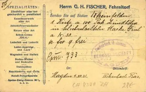 Künstler Ak Fehraltorf Kanton Zürich Schweiz, Chem. Zünd- und Fettwaren Fabrik G. H. Fischer