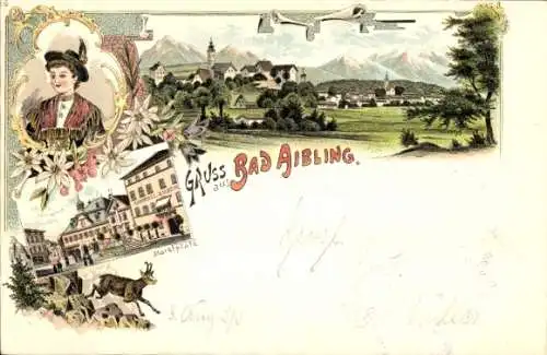 Litho Bad Aibling in Oberbayern, Panorama, Marktplatz, Frau in Tracht, Gämse