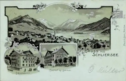 Mondschein Litho Schliersee in Oberbayern, Panorama, Gasthof zur Seerose, Dependance