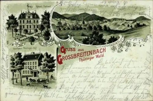 Mondschein Litho Großbreitenbach in Thüringen, Kaiserliches Postamt, Gasthaus Thüringer Hof