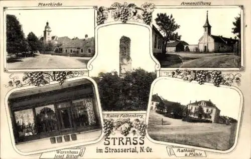 Ak Straß im Straßertal Niederösterreich, Pfarrkirche, Armenstiftung, Rathaus, Ruine Falkenberg