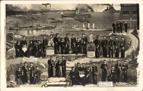 Foto Ak Deutsche Seeleute in Uniform, Kaiserliche Marine, Kriegsschiffe, Fotomontage, Kiel