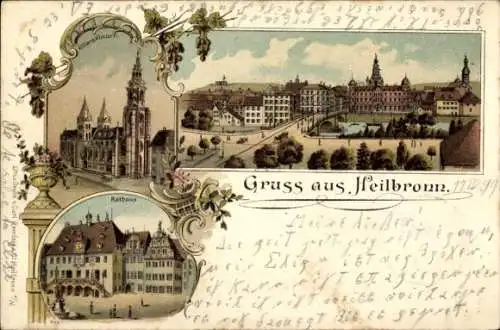 Litho Heilbronn am Neckar, Gesamtansicht, Kirche, Rathaus