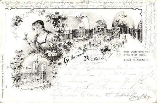 Litho Heilbronn am Neckar, Ratskeller, Weintrauben, Frau mit Weinglas