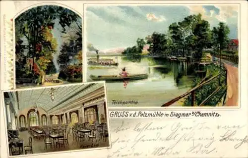 Litho Siegmar Chemnitz in Sachsen, Restaurant Pelzmühle, Neuer Saal, Waldweg, Teich