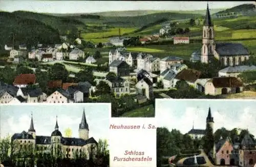 Relief Ak Neuhausen im Erzgebirge, Totalansicht, Schloss Purschenstein