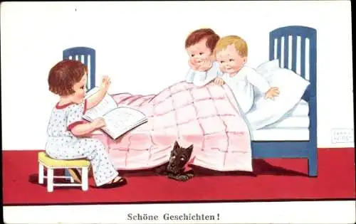 Künstler Ak Wills, John, Schöne Geschichten, Kinder im Bett, Buch, Hund