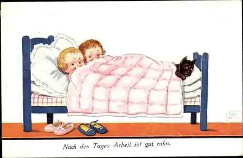 Künstler Ak Wills, John, Nach des Tages Arbeit ist gut ruhn, Kinder im Bett, Buch, Hund