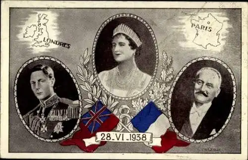 Ak König Georg VI., Königin Elizabeth Bowes Lyon, Präsident Albert Lebrun, 28.6.1938, London, Paris