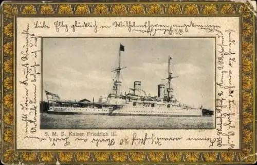 Präge Passepartout Ak Deutsches Kriegsschiff, SMS Kaiser Friedrich III, Kaiserliche Marine