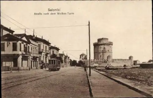 Ak Saloniki Thessaloniki Griechenland, Straße, Straßenbahn, Weißer Turm