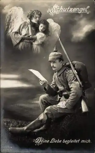 Ak Deutscher Soldat und sein Schutzengel, Deine Liebe begleitet mich