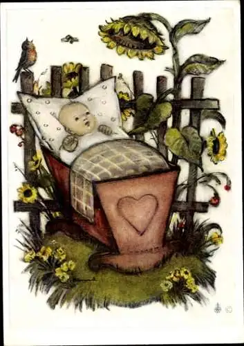 Künstler Ak Hummel, Berta, Sonnenblumen, Kind in einer Wiege im Garten