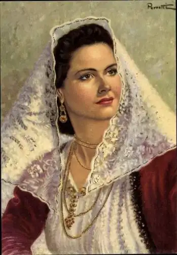 Künstler Ak Sardinien, Sardische Tracht, Osilo, Frauenportrait, Schleier