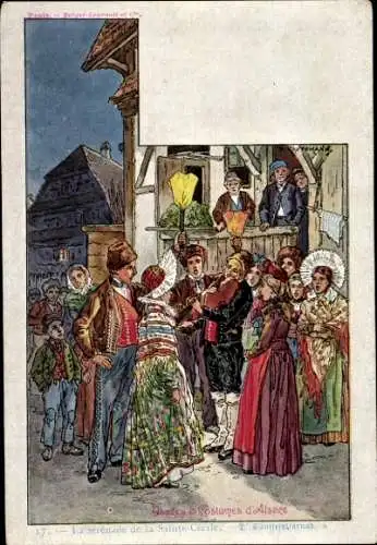 Künstler Litho Kauffmann, Elsässer Bräuche und Trachten, Serenade der Heiligen Cecilie