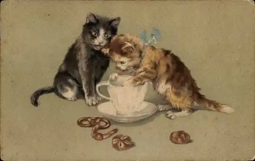 Ak Zwei junge Katzen schauen in eine Teetasse, Gebäck