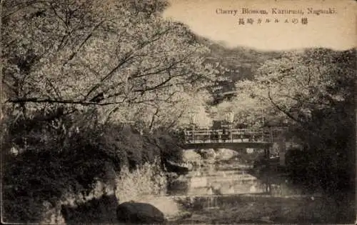 Ak Karurusu Präf. Nagasaki Japan, Kirschblüte, Brücke