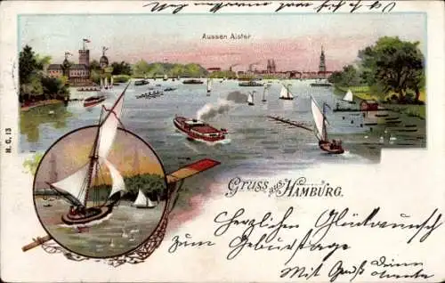 Litho Hamburg, Blick über die Außenalster, Segelboote, Dampfer