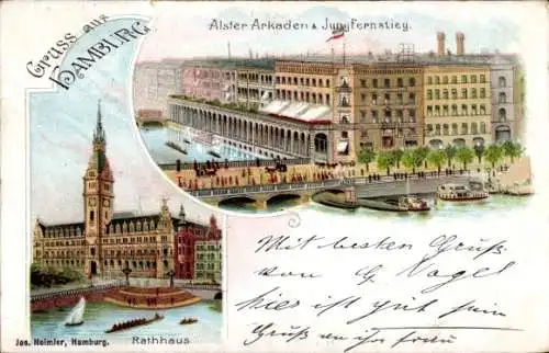 Litho Hamburg Altstadt, Alster Arkaden, Jungfernstieg, Rathaus